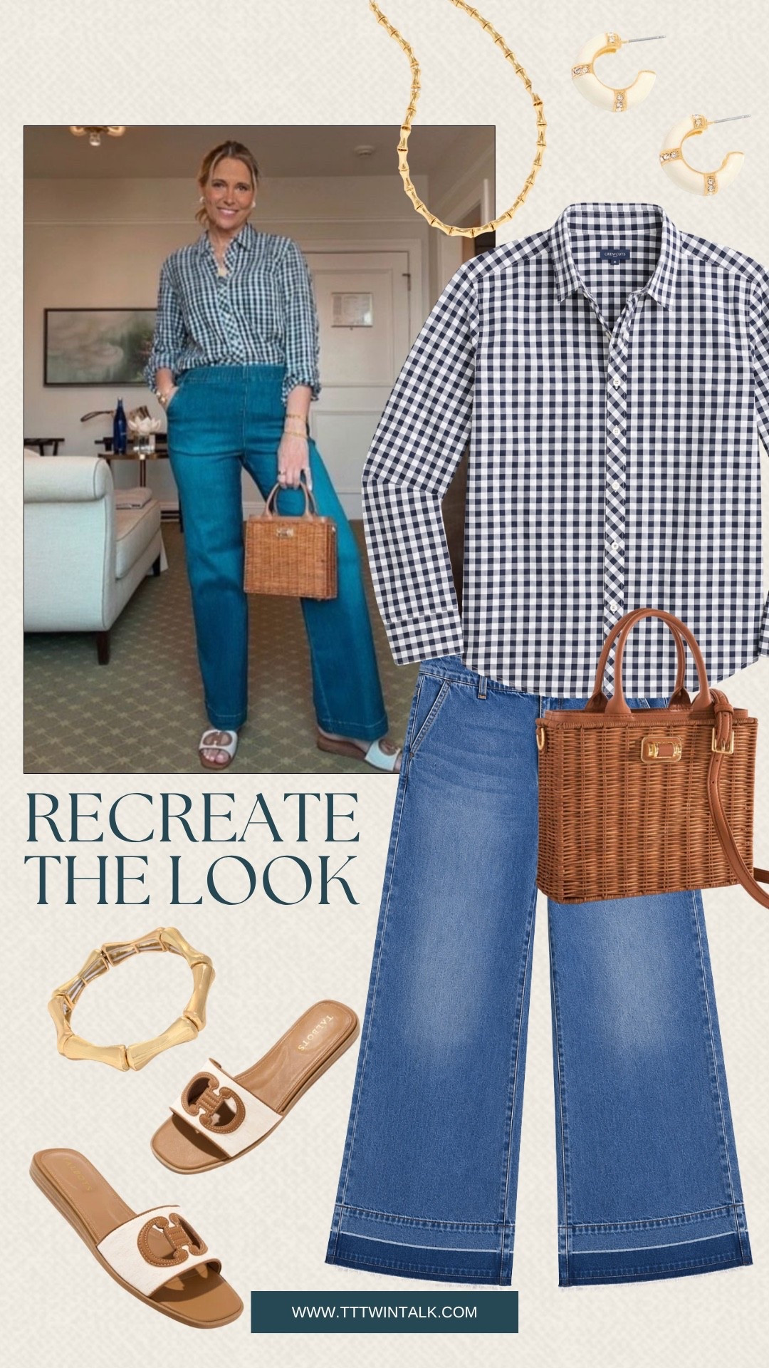 We pulled this gingham button up with these classic denim jeans for a sleek look! We paired with dark raffia and white to pull in the color contrast. This is perfect for a simple date night or shopping day!

#LTKMidsize #LTKOver40 #LTKSeasonal