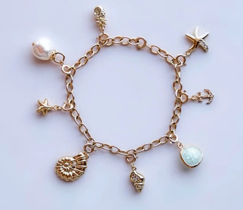 Katies Coastal Charm Bracelet//18 Karat Gold Filled//semi Permanent Jewelry//swarovski Crystal Ge... | Etsy (US)