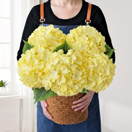 Yellow Fake Hydrangea Flower Heads with Stems, 5Pcs 20Inch Full Fake Flowers for Wedding Home Gar... | Amazon (US)