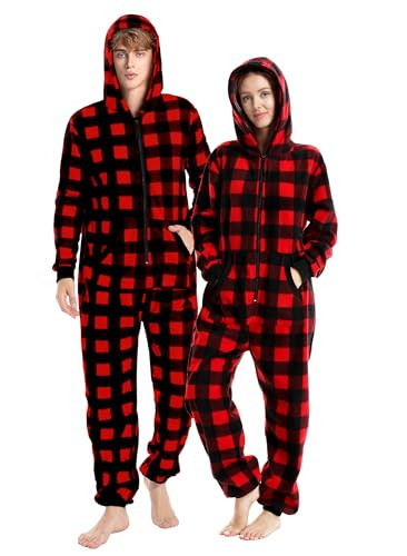 Loiahoer Unisex Adults Buffalo Plaid Onesie Pajamas Hooded Christmas PJS for Family Jumpsuit Thermal with Pockets Zipper,Black+Red L | Amazon (US)