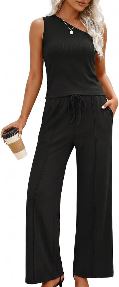 Casly Lamiit Women's Summer Outfits 2 Piece Ribbed Knit One Shoulder Tops Matching Wide Leg Pants... | Amazon (US)