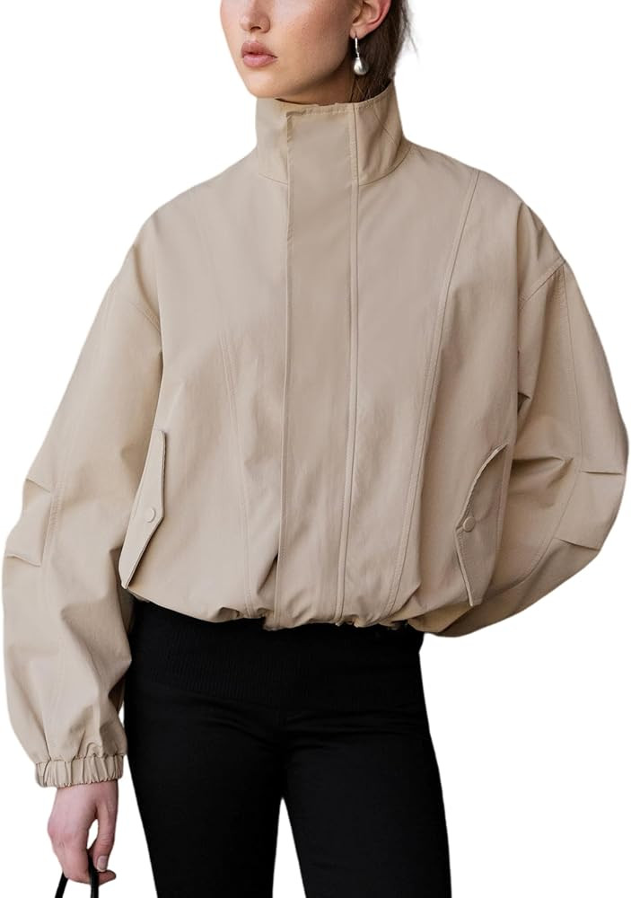 Qiaomai Womens Stand Collar Zip Up Bomber Jacket Casual Drawstring Hem Coat | Amazon (US)