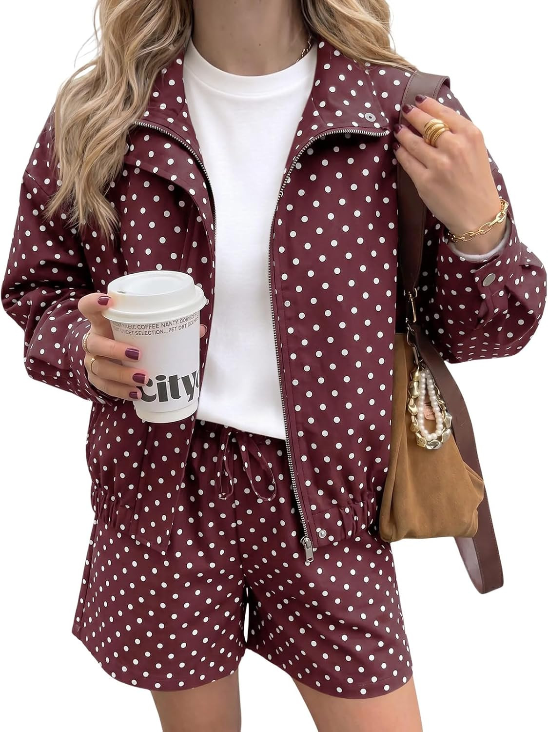 Tankaneo Womens Polka Dot 2 Piece Sets Zip Up Cropped Jackets Shorts Set | Amazon (US)