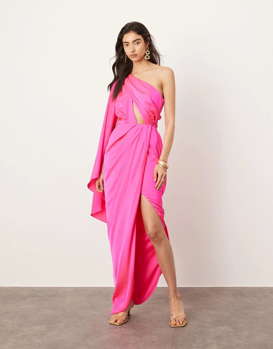 ASOS EDITION satin one shoulder flare sleeve maxi dress with ruched waist detail in pink | ASOS (Global)
