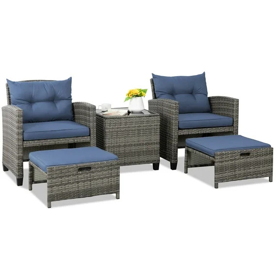 Sobaniilo 5 Piece Patio Furniture Set,Outdoor PE Wicker Patio Chair Two with Ottoman Underneath, ... | Walmart (US)