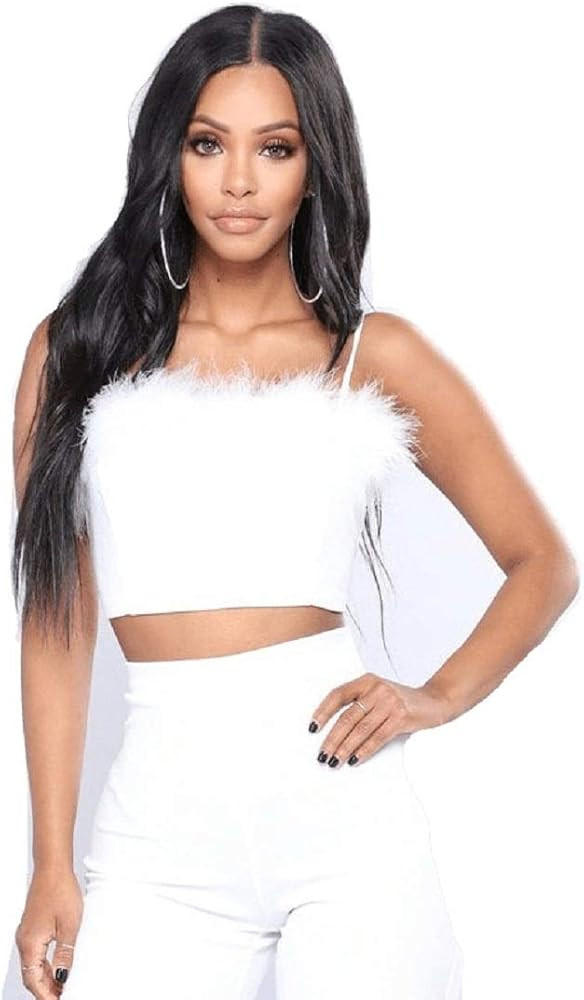 JUMISEE Women Sexy Faux Fur Trim Spaghetti Strap Crop Camisole Cami Vest Tank Top | Amazon (US)