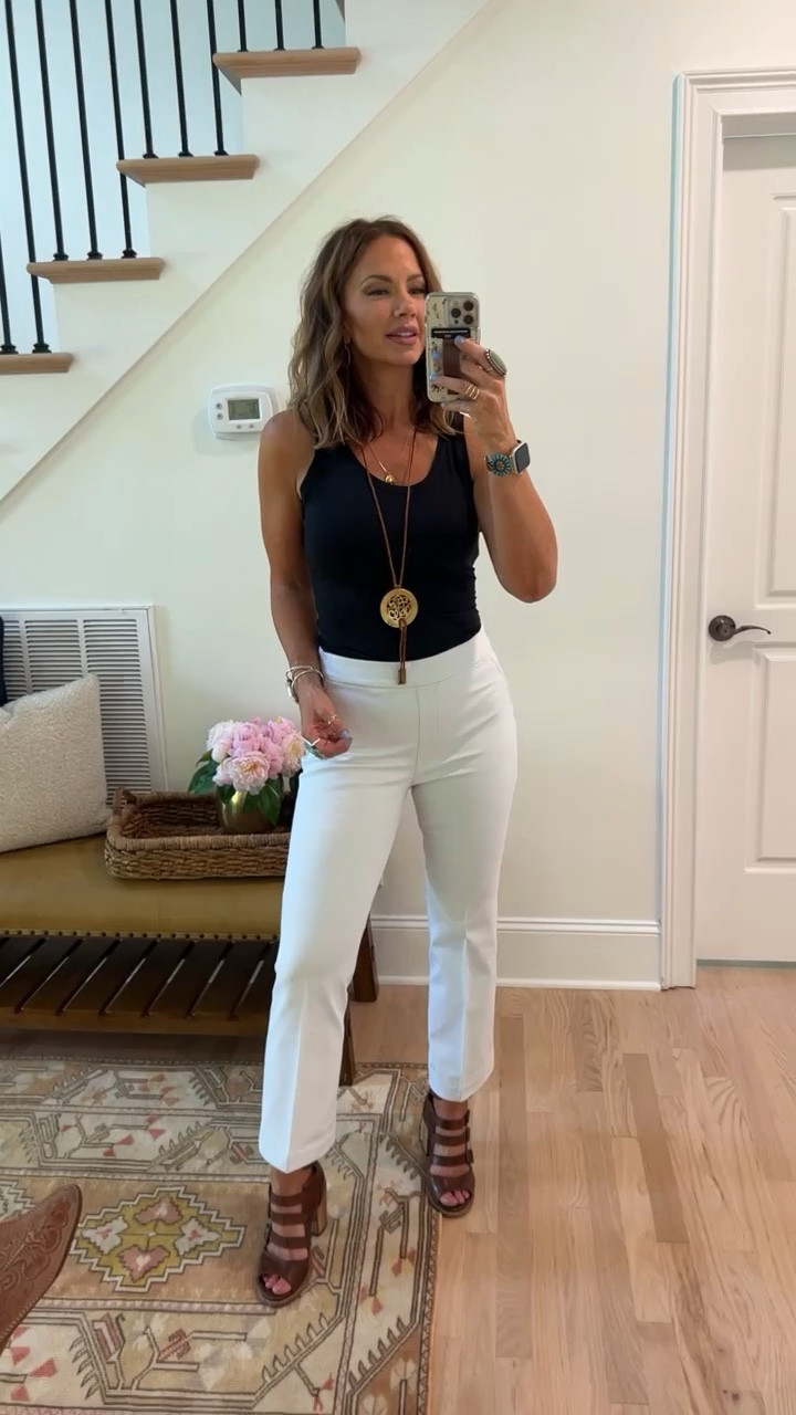 Spanx On-The-Go Kick Flare Pant with Ultimate Opacity Technology! I’m in a medium and regular length. Runs TTS. Paired with the Black Suit Yourself Scoop Neck Tank Bodysuit, wearing a medium, TTS. Code BETSYXSPANX works! ❤️
Long necklace from @twistedsilver (code BETSY). Watch band from @copperrobin (try code BETSY). Other jewelry from @goldielew_ linked, code BETSY works! ❤️ Shoes are Bianca from Freebird and no longer available, similars linked. 

#LTKFind #LTKSeasonal #LTKstyletip