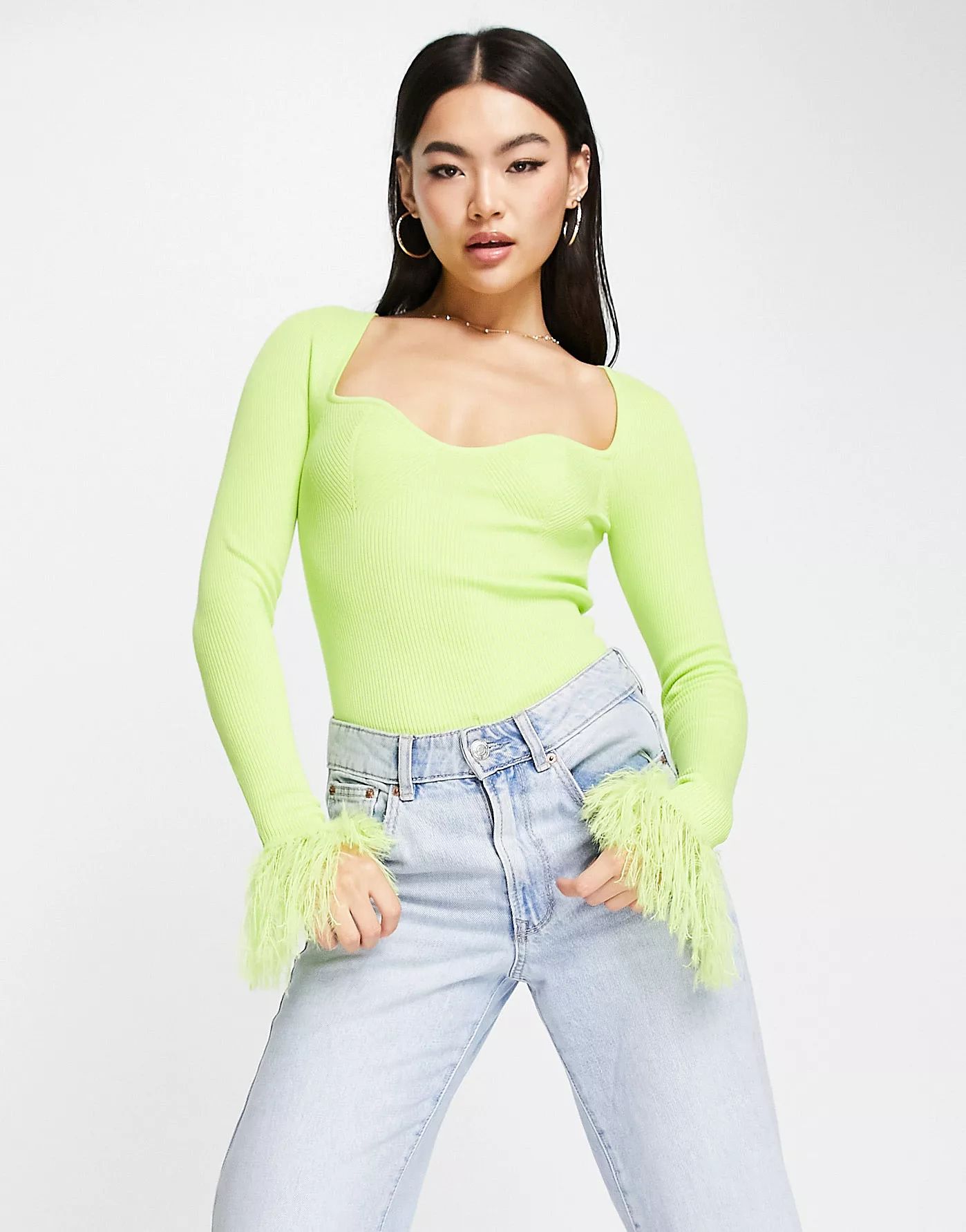 ASOS DESIGN sweater with sweetheart neck and faux feather trims in lime yellow | ASOS (Global)