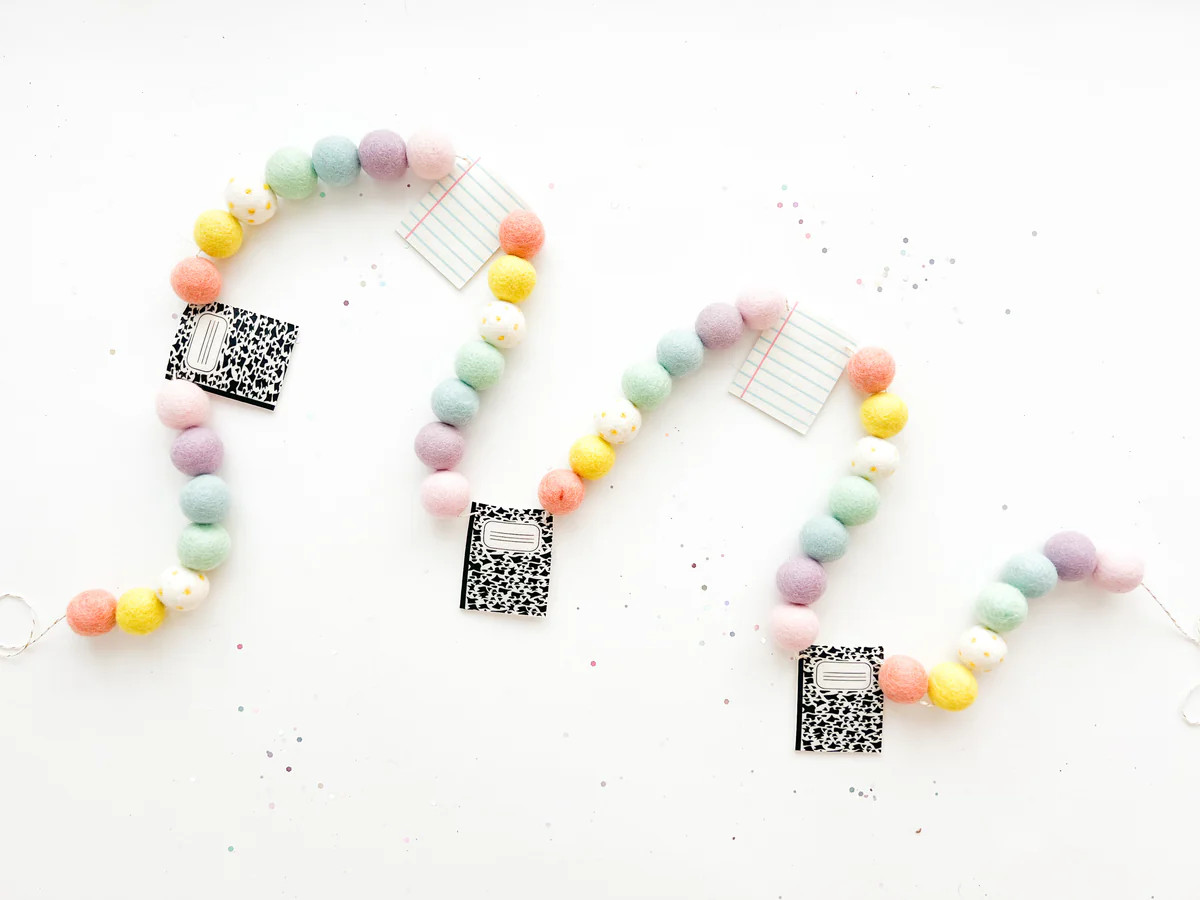 Pastel Notebook & Notepaper Felt Ball Garland - Collab w/ Shakira Patt | Pearl & Jane