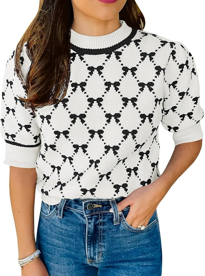 Saodimallsu Womens Puff Short Sleeve Sweater Cute Bow Knit Casual Crew Neck Loose Fit Summer Tren... | Amazon (US)