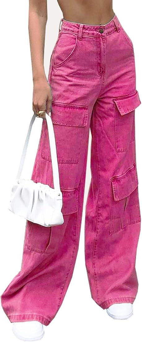 Women's High Waist Baggy Jeans Flap Pocket Relaxed Fit Straight Wide Leg Y2K Fashion Cargo Jeans | Amazon (US)