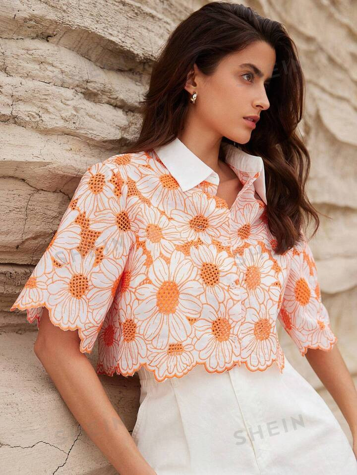 SHEIN VCAY Random Elegant Daisy Embroidery Hollow Out Shirt | SHEIN