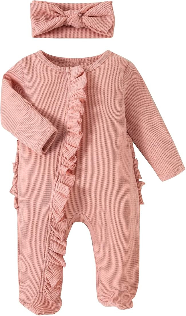 Newborn Baby Girl Boy Footie Romper Coming Home Long Sleeve Ruffle Waffle Knit Zipper Onesie with... | Amazon (US)
