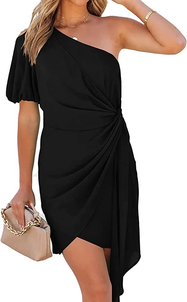 KIRUNDO 2023 Womens Summer One Shoulder Short Sleeve Tie Waist Ruched Bodycon Mini Dress Wrap Sho... | Amazon (US)