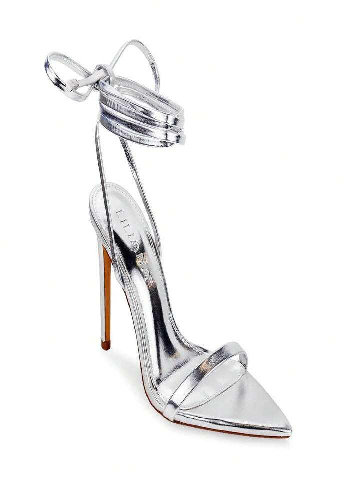 Lace-Up Heels Sandals Strappy Pointed Toe Stiletto High Heel Sandals-Metallic Shoes | SHEIN