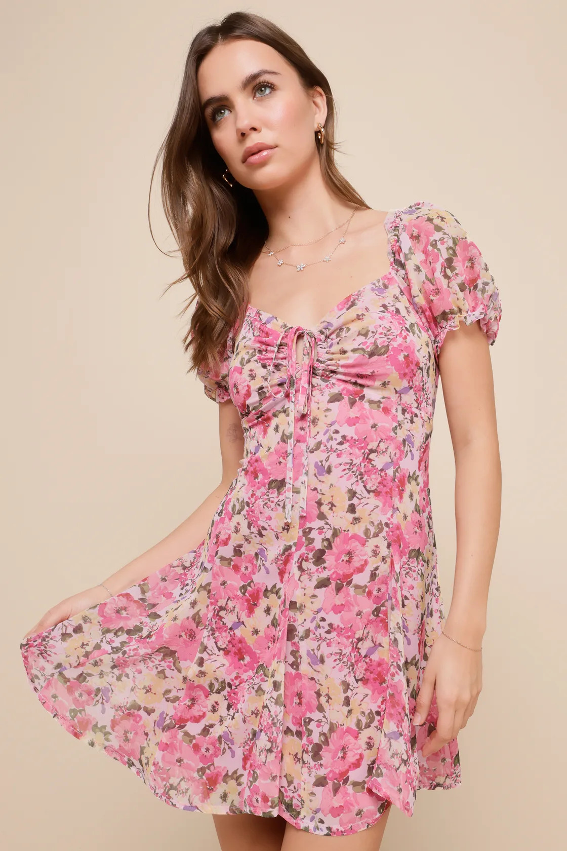 Precious Perspective Pink Floral Puff Sleeve Mini Dress | Lulus