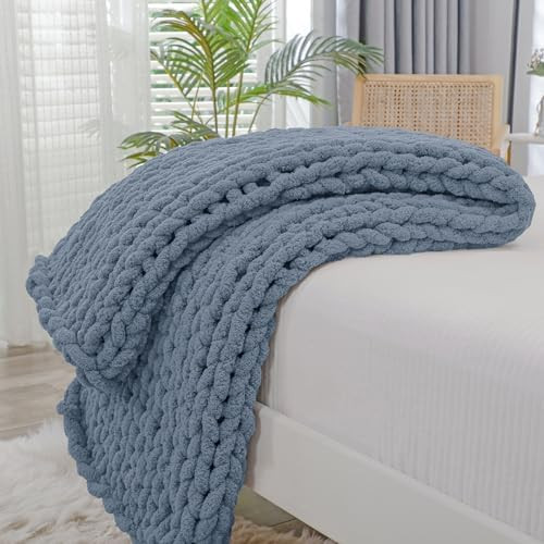 Bigacogo Chunky Knit Throw Blanket for Couch, 40x60 inches, 100% Hand Knitted with Thick Jumbo Chenille Yarn, Cozy Soft Large Rope Knot Cable Crochet Blankets for Sofa Bed Living Room, Cold Sea Blue | Amazon (US)