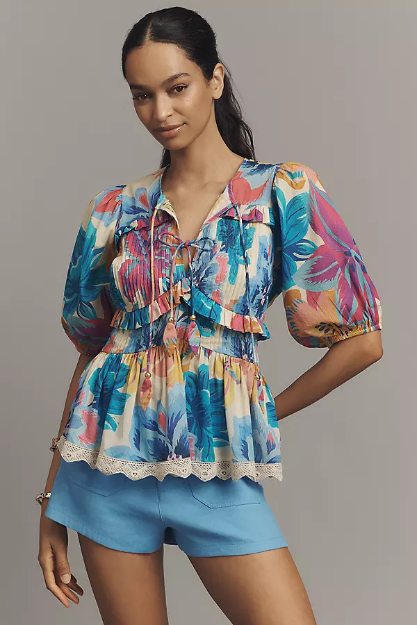 Farm Rio x Anthropologie Puff-Sleeve Tie-Front Blouse | Anthropologie (US)