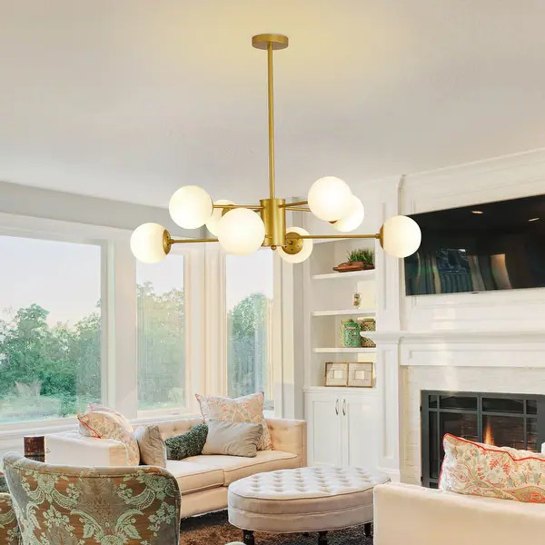 Modern 8-Light Gold Chandelier with White Glass Globe Shades,Elegant Ceiling Light Fixture for Di... | Bed Bath & Beyond