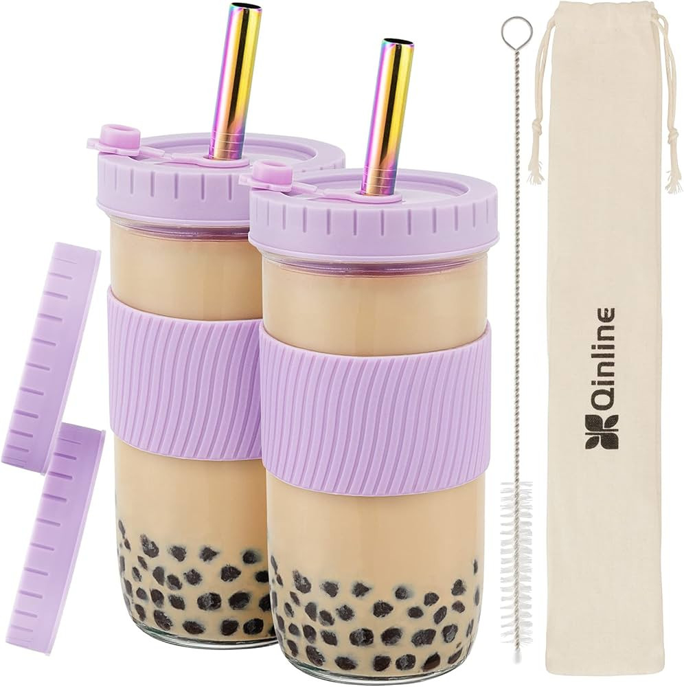 Reusable Boba Cup Bubble Tea Cup 2 Pack, 24Oz Wide Mouth Smoothie Cups with Lid, Silicone Sleeve ... | Amazon (US)