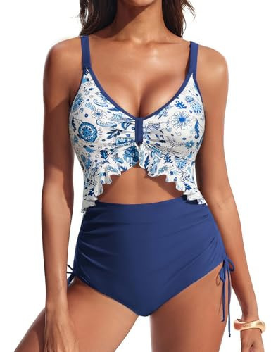 Hanna Nikole Ruffle Swimsuits for Women 1 Piece Bathing Suit Tummy Control Resort V Neck Swimwear Cutout Sexy Beachwear Blue Floral M | Amazon (US)
