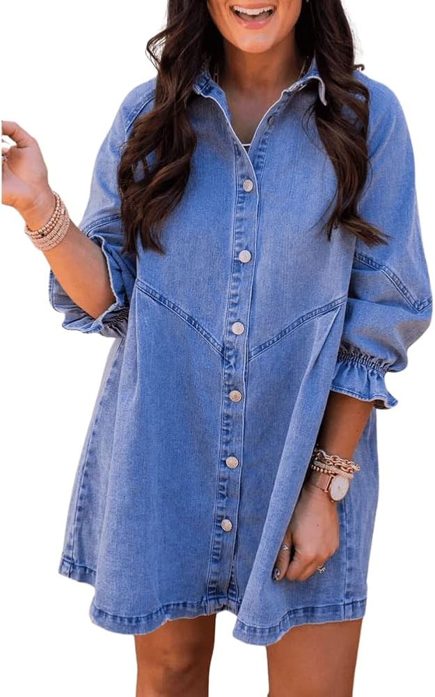 Fronage Denim Button Down Dress for Women Casual 3/4 Sleeve Jean Dress Babydoll Denim Shirt Dress... | Amazon (US)