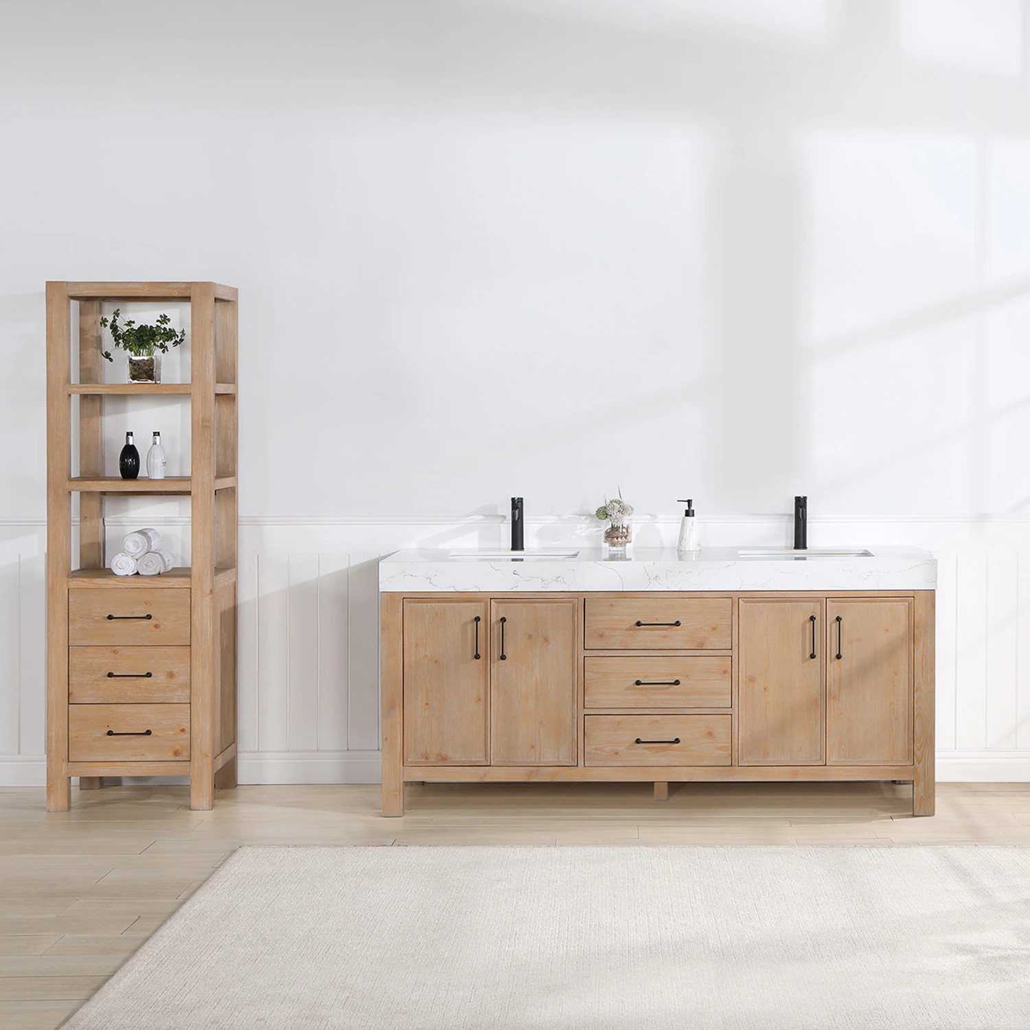 Vinnova León 72-in Fir Wood Brown Finish Undermount Double Sink Bathroom Vanity with Lightning White Engineered Stone Top | 703872-FN-LW-NM | Lowe's