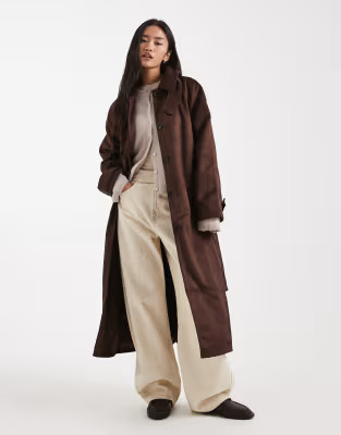 ASOS DESIGN faux suede funnel neck trench coat in chocolate | ASOS | ASOS (Global)
