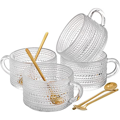 ZOOFOX Set of 4 Glass Coffee Mugs, 14 Oz Clear Glass Cups with Golden Spoons, Vintage Embossed Co... | Amazon (US)
