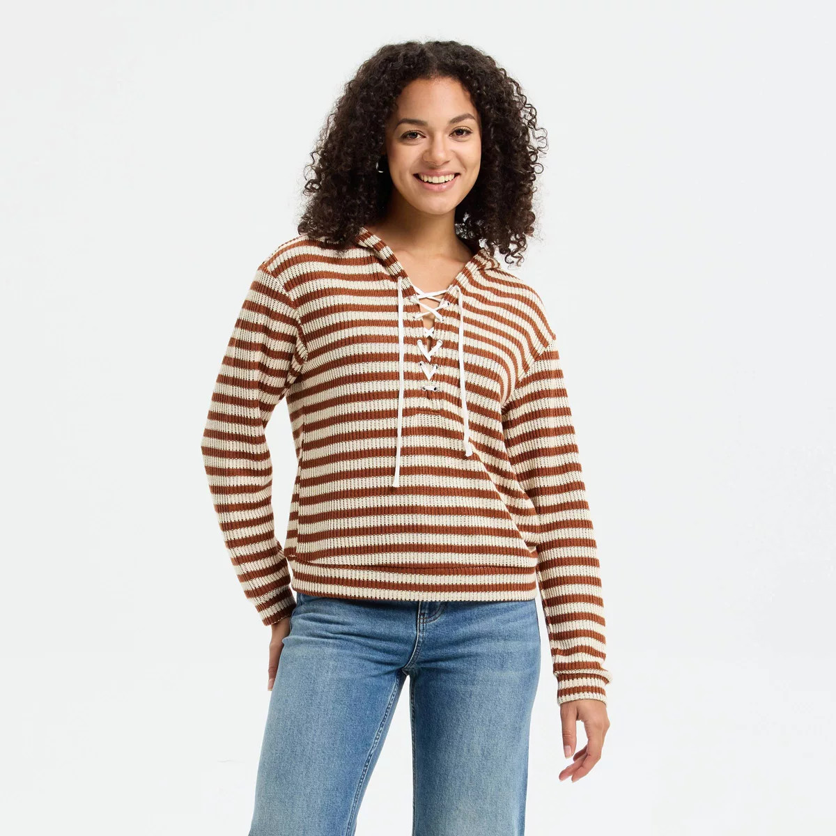 Women's Hooded Tie-Front Sweatshirt - Universal Thread™ Brown Striped L | Target