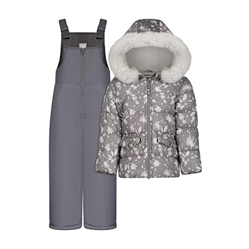 OshKosh B’gosh Baby Girl's Hooded Winter Puffer Jacket with Faux Fir Trim, Gray with Allover Pattern and Snowbib, Grey Floral, 5 Years | Amazon (US)