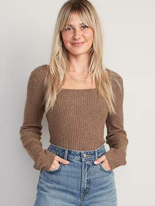 Fitted Heathered Square-Neck Rib-Knit Sweater for Women | Old Navy (US)