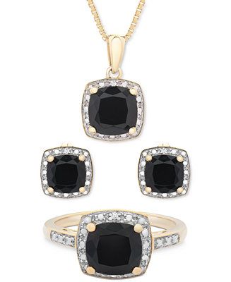 Macy's 3-Pc. Set Onyx & Diamond Accent Pendant Necklace, Ring and Stud Earrings in 14k Gold-Plate... | Macys (US)