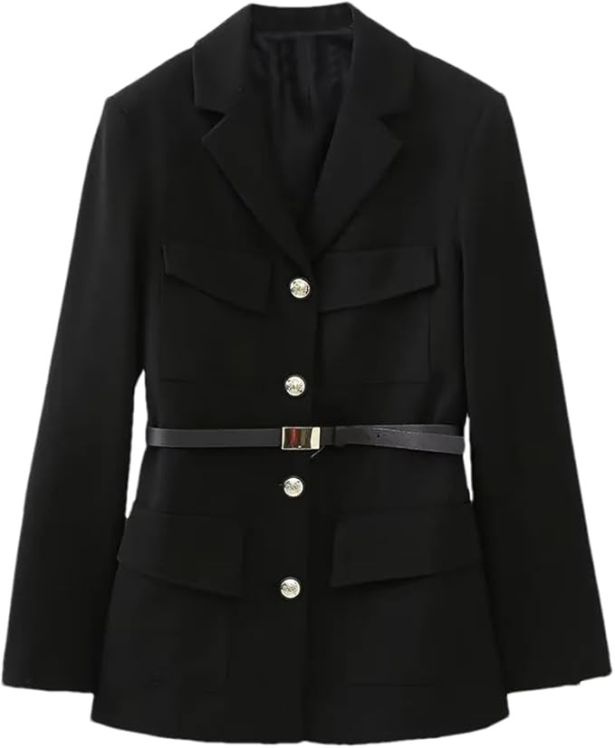 Spring Women Black Blazers with Belt Metal Buttons Jacket Long Sleeve Slim Office Casual Coat | Amazon (US)