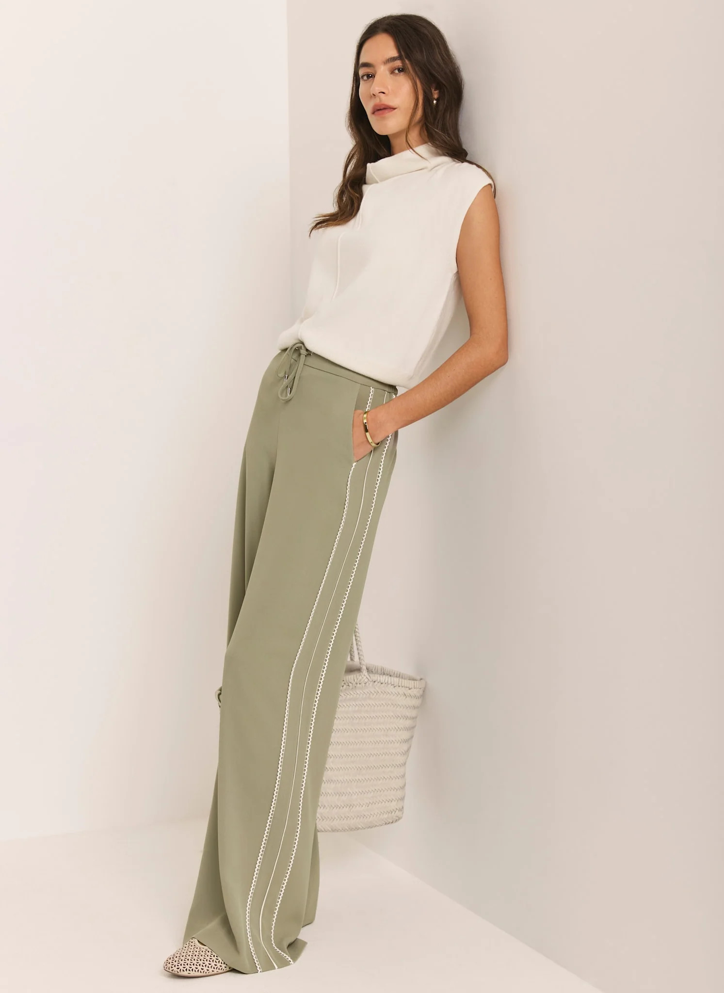 Khaki Scallop Side Stripe Wide Trousers | Mint Velvet