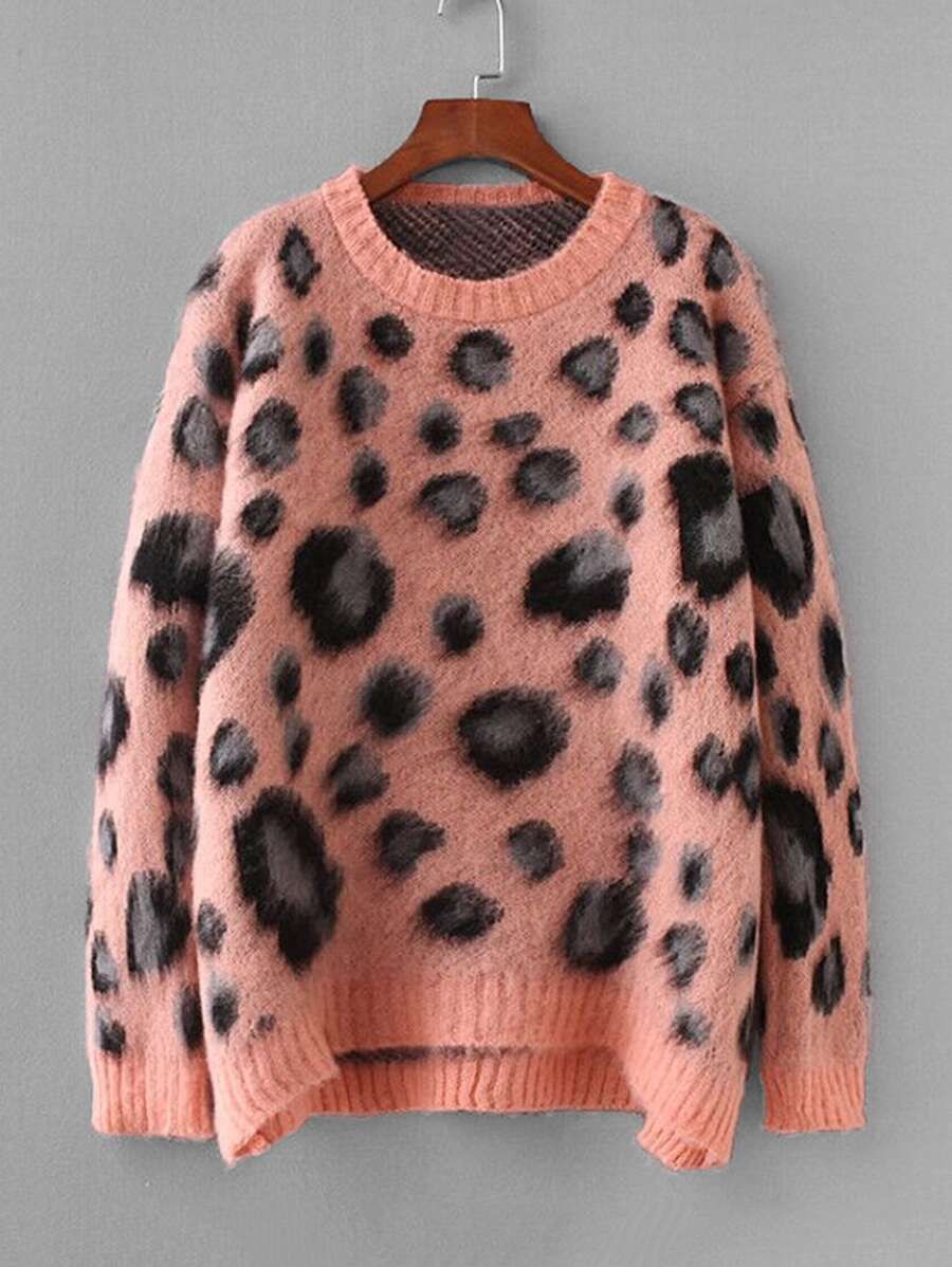 Leopard Pattern Drop Shoulder Mohair Jumper | SHEIN