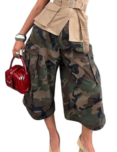 UOOZEE Women's Baggy Camo Cargo Capri Pants Army Fatigue High Waisted Wide Leg Cropped Camouflage Culottes Casual Trousers with Pockets M | Amazon (US)