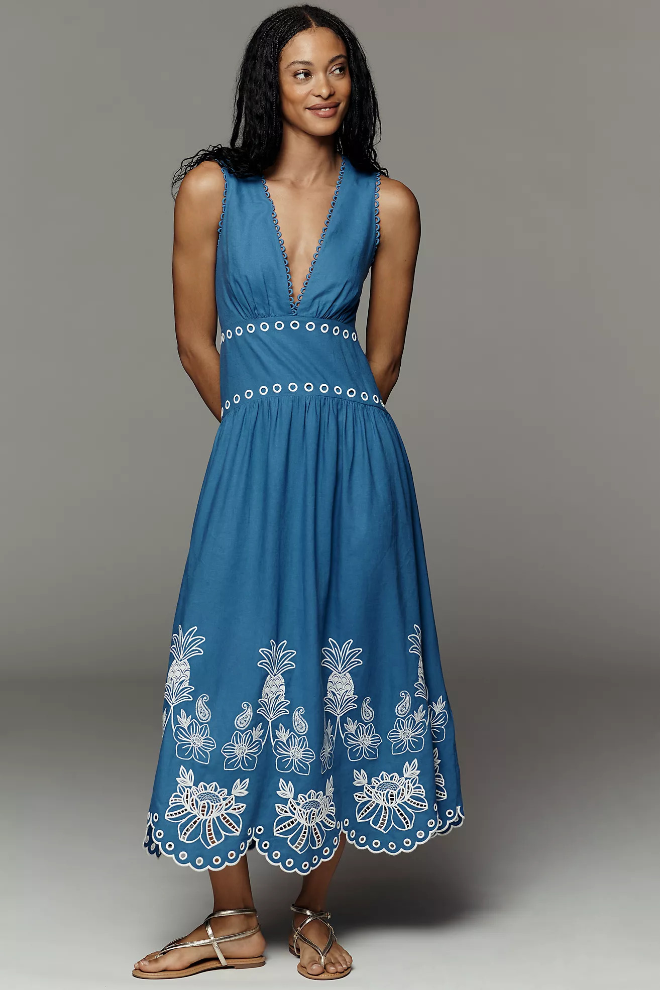 Farm Rio x Anthropologie Linen Cutwork Maxi Dress | Anthropologie (US)