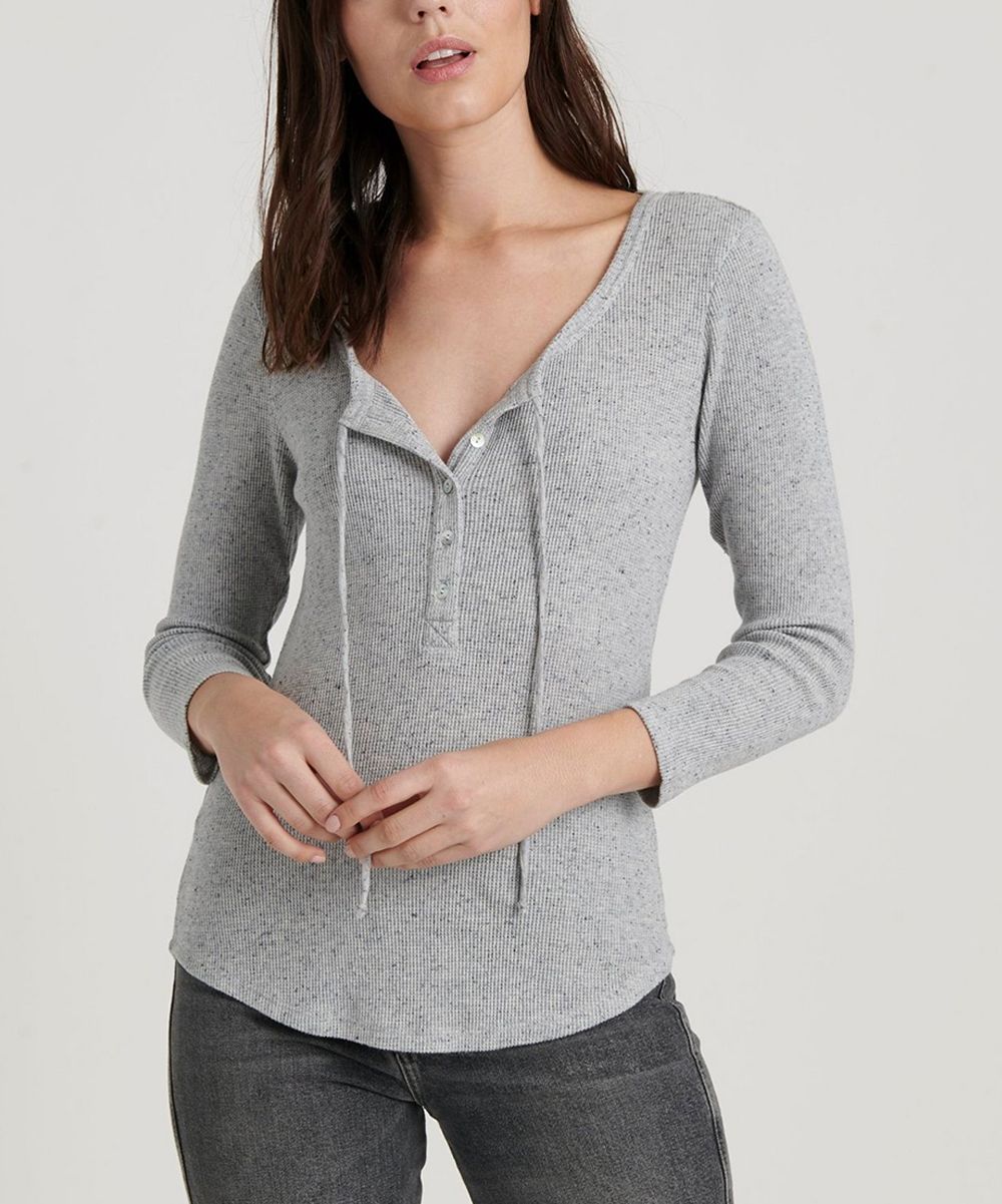 Lucky Brand Women's Tee Shirts HEATHER - Gray Tie-Neck Button-Front Long Sleeve Thermal Top - Women | Zulily