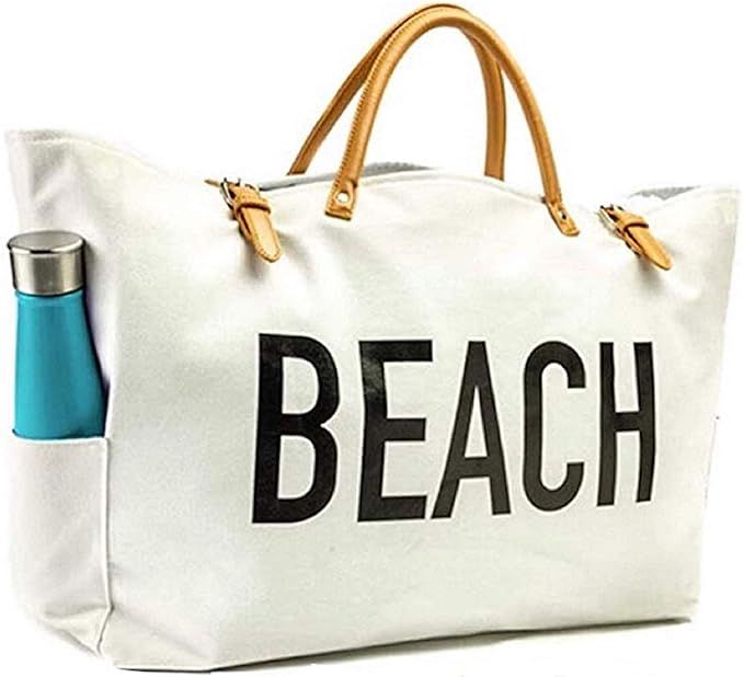 KEHO Large Canvas Beach Bag Travel Tote (White), Waterproof Lining, 3 Pockets, FREE Phone Protector | Amazon (US)