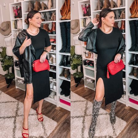 Midi dress, ribbed, wearing a size medium, but I would suggest getting your true size, two shoe options – red heels, or snake print boots 

#LTKitbag #LTKcurves #LTKstyletip