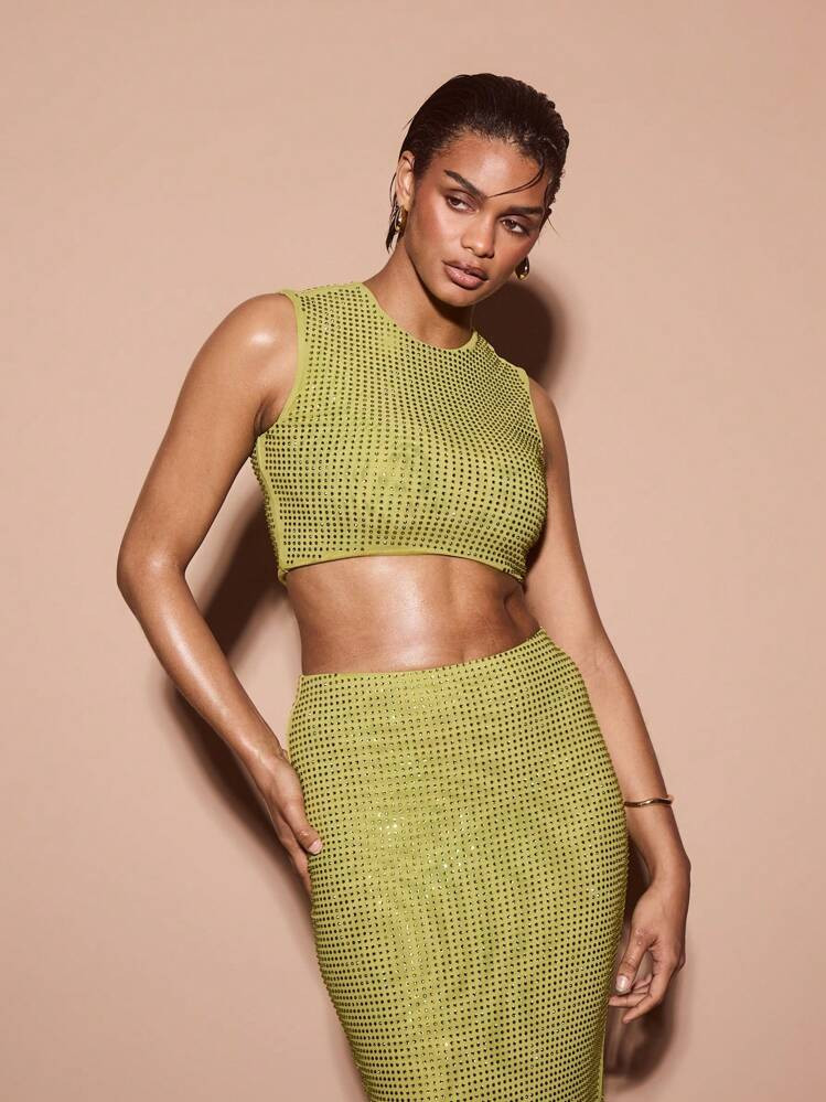 KIZN Round Neck Sleeveless Hotfix Crop Top | SHEIN