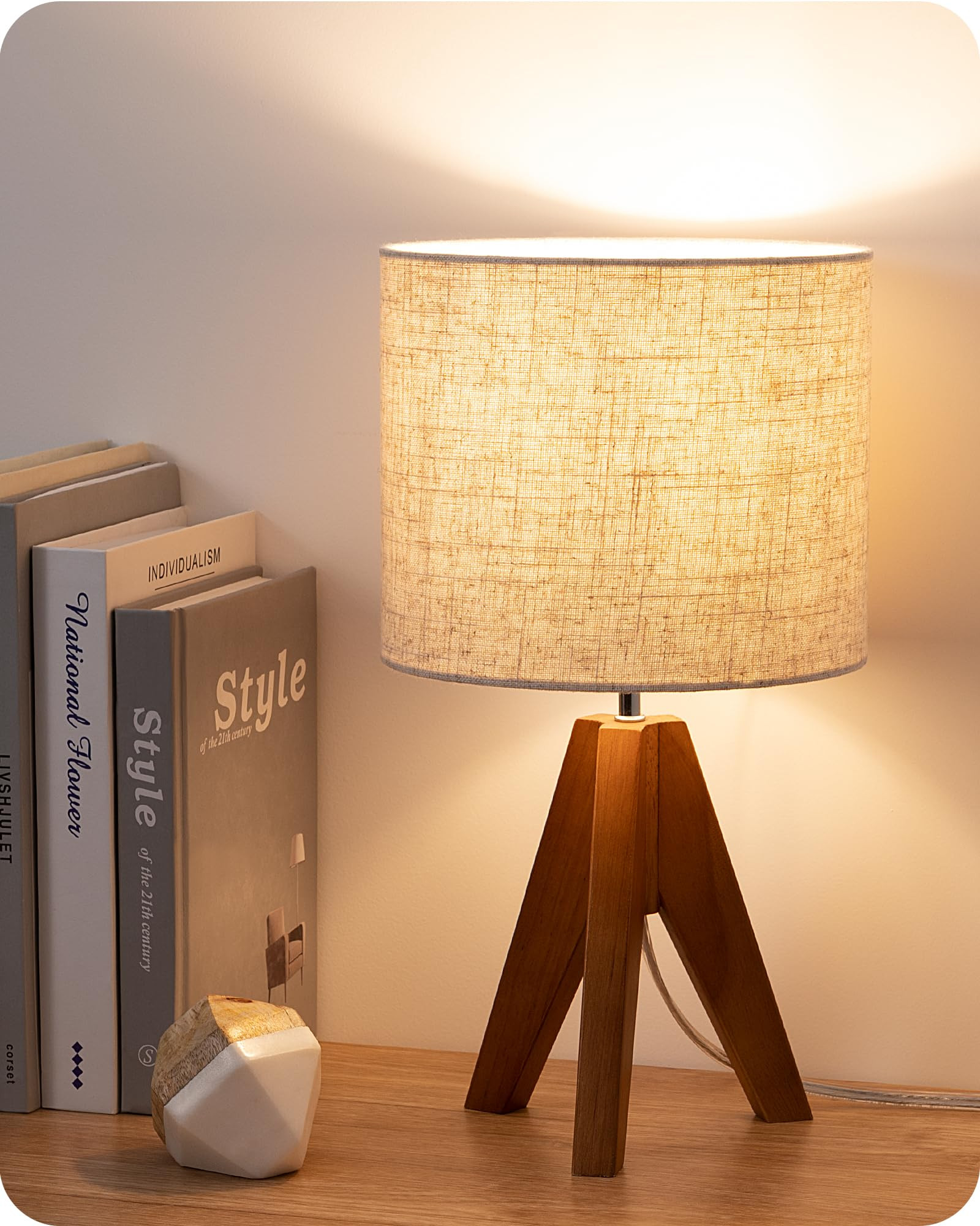 EDISHINE Tripod Table Lamp, Small Cute Bedside Lamp with Linen Beige Lampshade, Nightstand Lamp for Nursery, Bedroom, Kid Room, Living Room, Light Brown Wooden Base, E26 Socket, 14.2 Inch | Amazon (US)