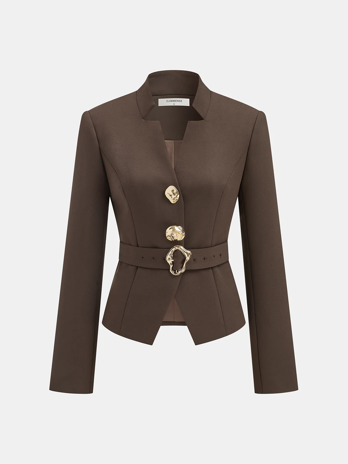 Metal Button Stand Collar Belted Blazer | Commense