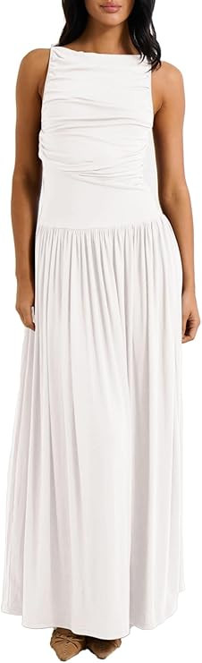 Ekaliy Womens Sleeveless Maxi Dress Boat Neck Ruched 2025 Summer Dress Flowy Dress | Amazon (US)