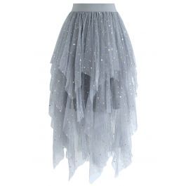 Shooting Stars Asymmetric Tiered Mesh Skirt in Blue | Chicwish