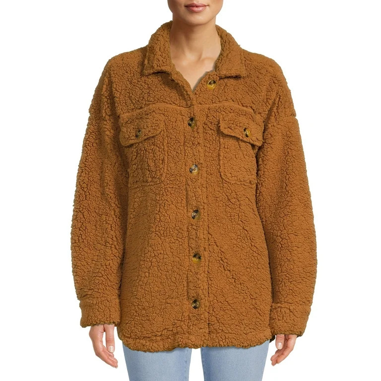 No Boundaries Juniors’ Faux Sherpa Shacket | Walmart (US)