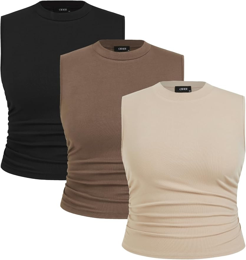 CIDER Plus Size Tops for Women Sleeveless Ruched Crew Neck Crop Tank Top Summer Casual Outfits | Amazon (US)