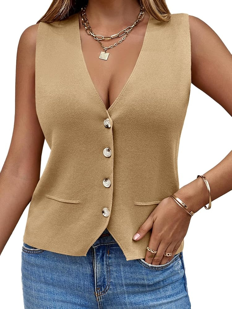 Saodimallsu Womens Sleeveless Sweater Vest Knit V Neck Button Fashion Casual Loose Spring Summer ... | Amazon (US)
