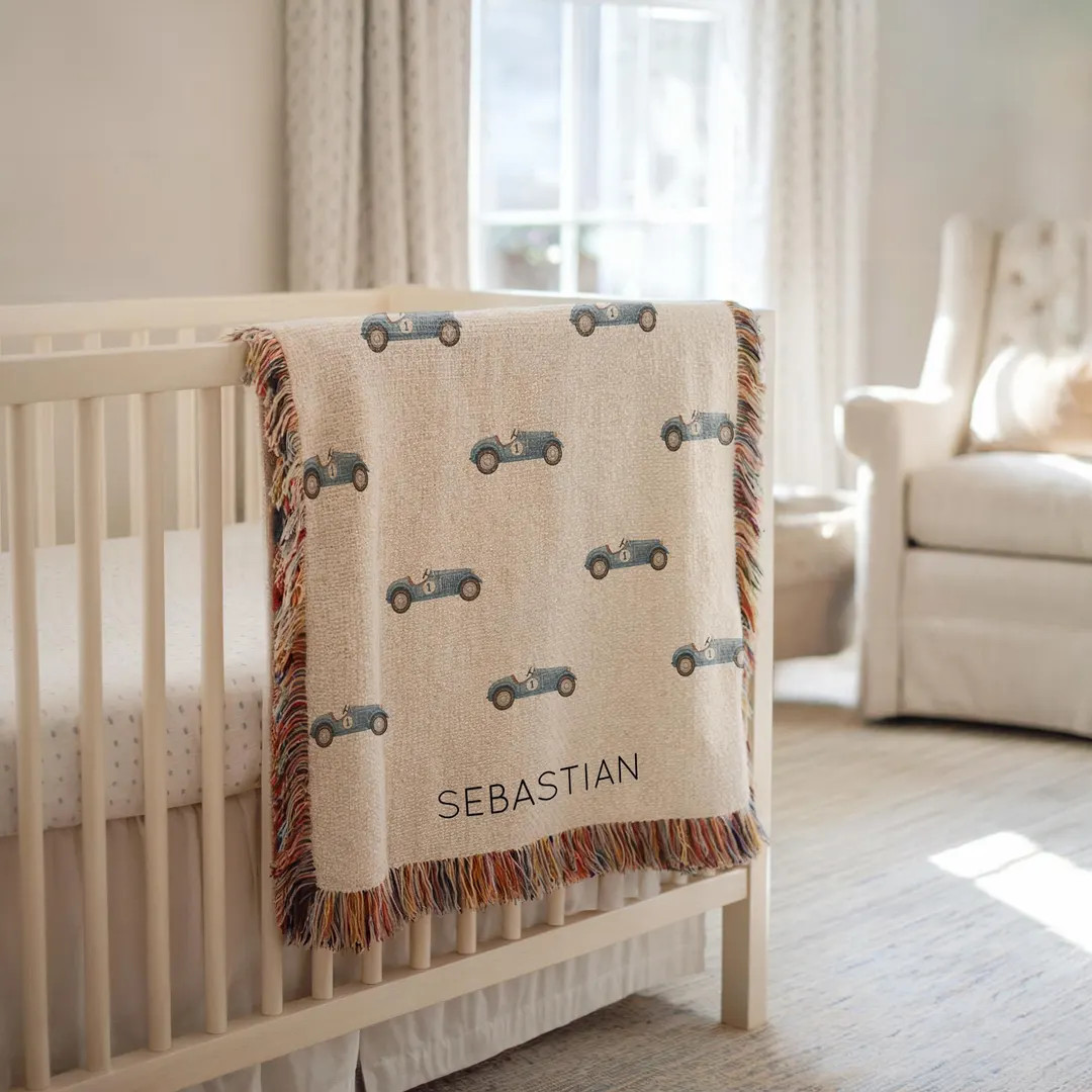 Personalized Blue Vintage Race Car Baby Blanket, Custom Race Car Name Blanket for Boys, Racing Nu... | Etsy (US)